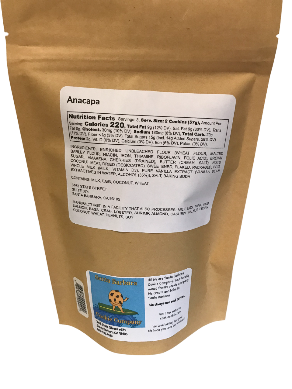 Anacapa Amarena Coconut and Amarena Cherry Cookies in a Stand Up Pouch